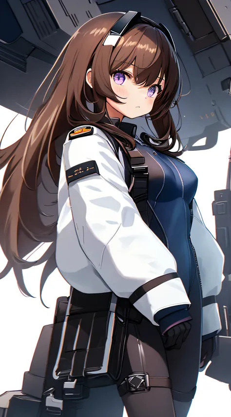 1girl, young girl, solo, a drawing of an android girl, (((loli))), ((short height)), (breasts), (((long brown hair))), ((side parted front hair)), ((purple eyes)), shy expression, (((((black and dark blue high-leg bodysuit))))), ((fighter pilot harness)), ...