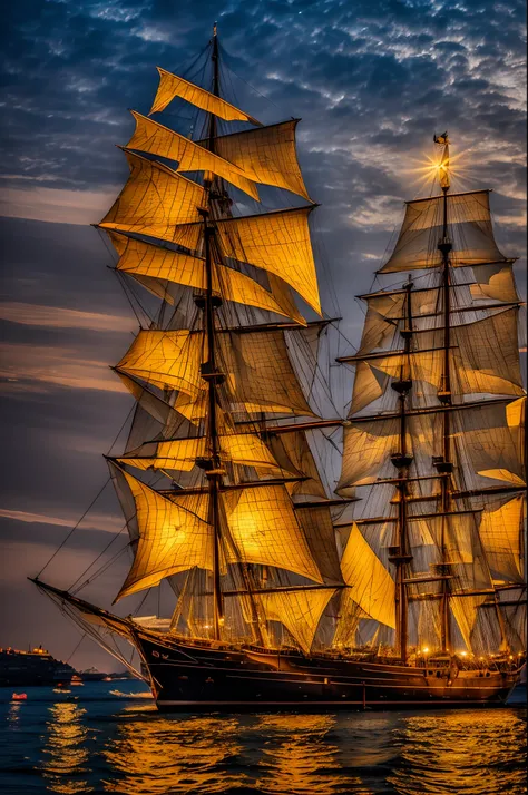 An epic grand harbour at night, with one old epic sailing ship. Resolution, HDR pictures, masterpiece, high resolution, highly detailed pictures, high quality pictures, perfectly drawn objects, perfectly drawn face, a masterpiece of mastering