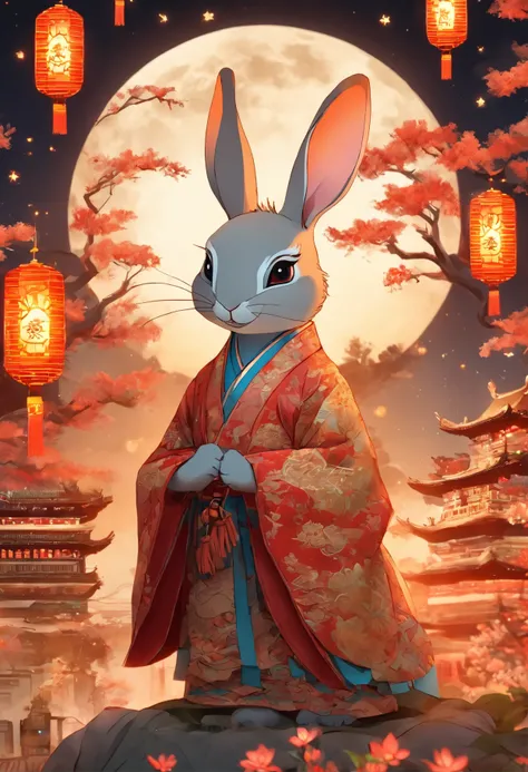 A rabbit，anthropomorphic turtle，Wear traditional Chinese clothing，Detailed and beautiful face，Chinese Mid-Autumn Festival，Standing on the moon，Behind him is a white Chinese palace，Look at the camera，Want to go home，Starry sky and earth as background，（full ...