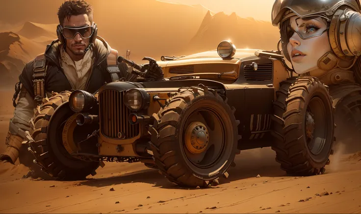 Um carro preto todo-poderoso estilo Mad Max com torpedos e turbina, behind a pilot in Mad Max-style clothes and on the other side a beautiful Mad Max-style warrior woman and in the background a city in the middle of the desert with Mad Max-style buildings ...