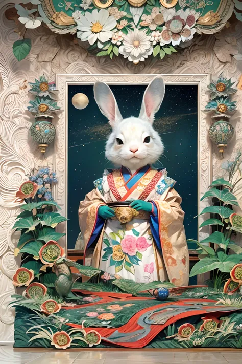 A rabbit，anthropomorphic turtle，Wear traditional Chinese clothing，Detailed and beautiful face，Chinese Mid-Autumn Festival，Standing on the moon，Behind him is a white Chinese palace，Look at the earth，Want to go home，Starry sky and earth as background，（full b...