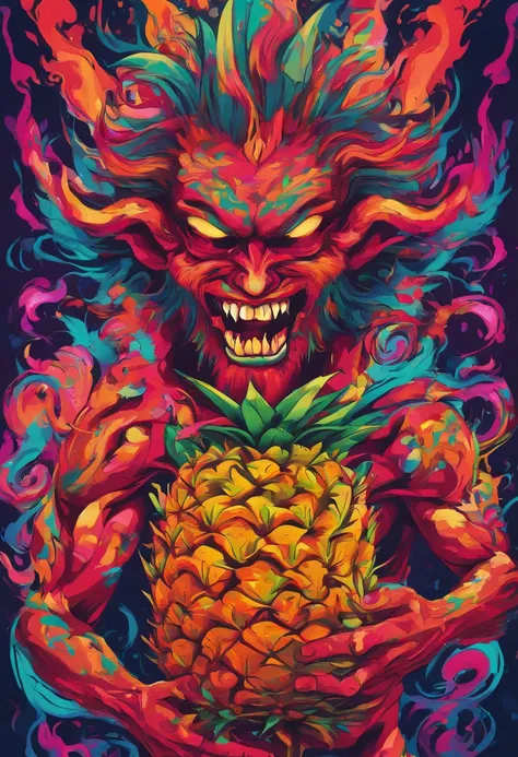 An Anime  Oni eating a Pineapple, Angry,   Perfect body, perfect facem Cinematic, Terror, horror, Red bioluminicense, HD, Dark fantaksy