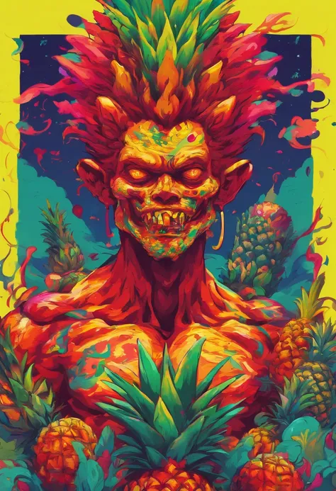 An Anime  Oni eating a Pineapple, Angry,   Perfect body, perfect facem Cinematic, Terror, horror, Red bioluminicense, HD, Dark fantaksy