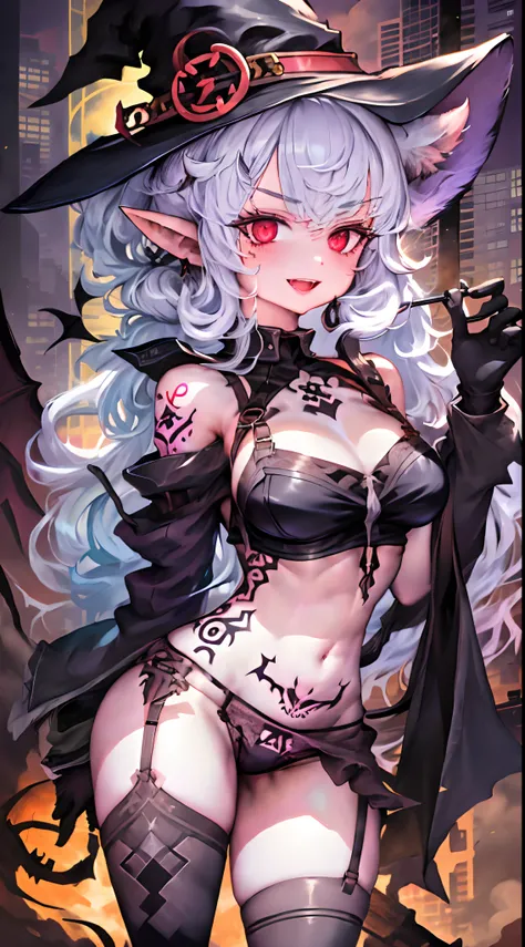 1girl, solo, hat, thighhighs, gloves, underwear, red_eyes, black_panties, pointy_ears, panties, witch_hat, black_thighhighs, tattoo, black_gloves, small_breasts, long_hair, garter_belt, tail, smile, navel, breasts, demon_tail, black_bra, open_mouth, lookin...