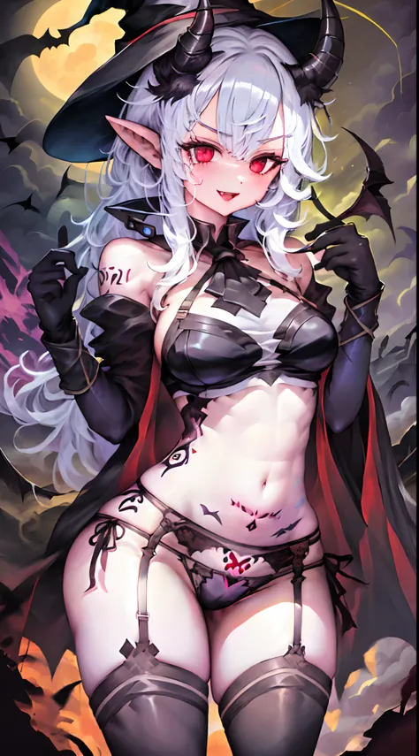 1girl, solo, hat, thighhighs, gloves, underwear, red_eyes, black_panties, pointy_ears, panties, witch_hat, black_thighhighs, tattoo, black_gloves, small_breasts, long_hair, garter_belt, tail, smile, navel, breasts, demon_tail, black_bra, open_mouth, lookin...