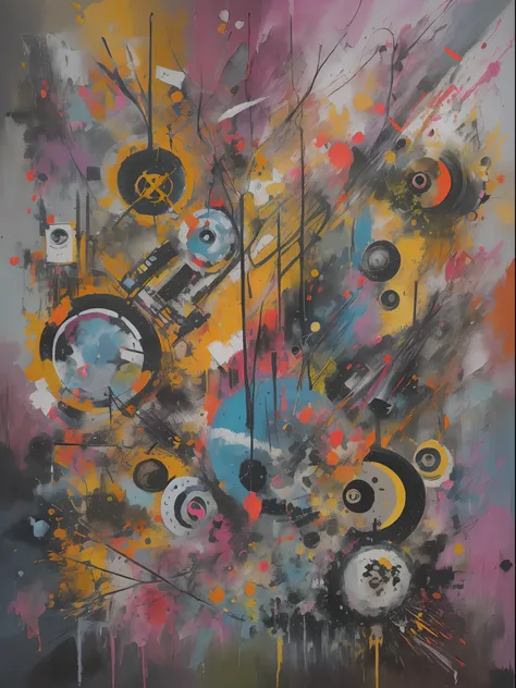 Abstract painting representing the sound of punk music, using vibrant colors and erratic shapes