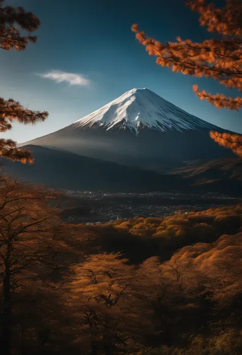 Original photo of the mountain.Fuji, SakuraNS, small detailed, photo-realistic, Ultra realistic photo, 8K UHD, DSLR camera, Delicate, soft lighting, hiquality, Film particle, FujiXT3, (tmasterpiece)