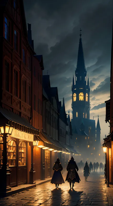 (a medieval city with people walking through the city, and a magical tower in the background, dark fantasy), (best quality,4k,8k,highres,masterpiece:1.2),ultra-detailed,(realistic,photorealistic,photo-realistic:1.37), intricate architectural details, bustl...