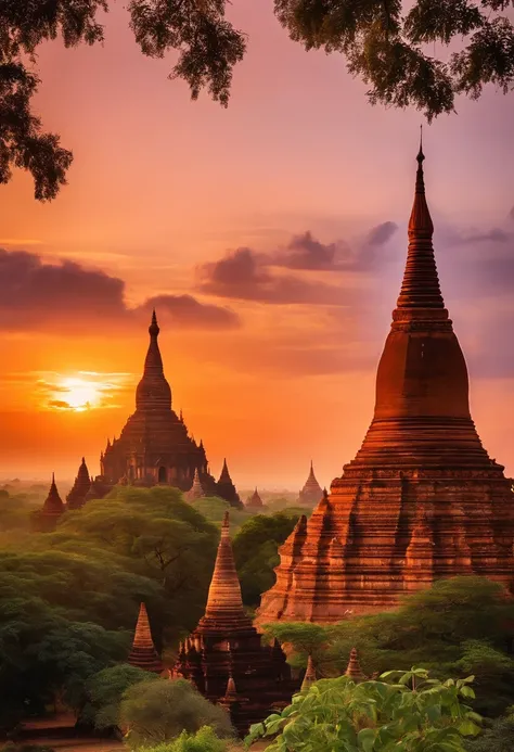 Bagan pagodas of Burma at sunset,