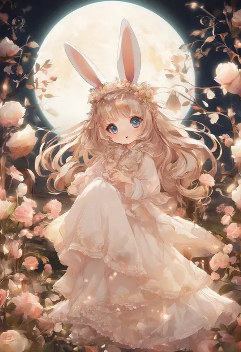 Q version of the rabbit，Cute and cute，themoon，laurel，The light is depicted in detail，Beige tones，oc rendered，high qulity，tmasterpiece，Hyper-realistic，Ultra photo realsisim，8K，super-fine，ultra - detailed，Ultra-wide angle of view，dynamic viewing angle