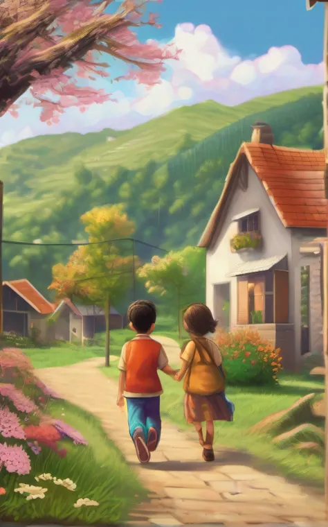 (best quality,4K,8K),Village,beautiful,many houses,lots of nature,twin brothers,boy and girl,dark-skinned,wavy hair,light eyes,coming home from school very happy,inserted with golden sunlight,cozy warm atmosphere,peaceful countryside,fresh green trees,tall...