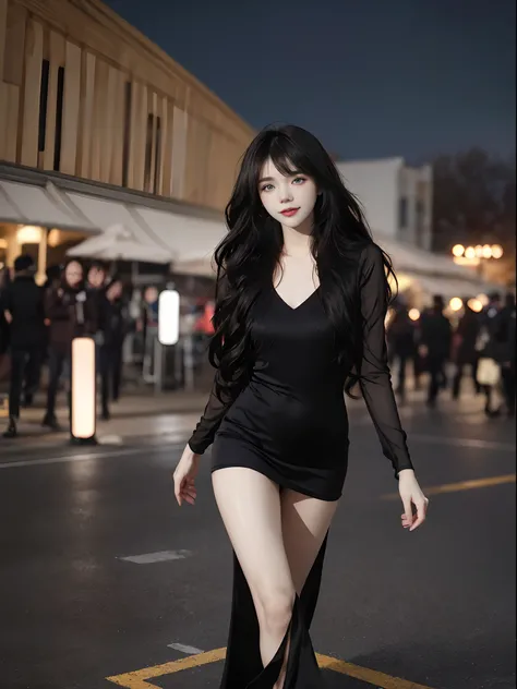 ((4K works))、​masterpiece、(top-quality)、1 beutiful girl、Slim body、Tall、((Attractive clothes in black and white))、(Detailed beautiful eyes)、Take selfies on the road at night、((Face similar to Carly Rae Jepsen))、((Boyish red-black color long hair))、((Smaller...