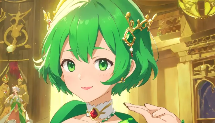 emerald tiara, Green Pearl Necklace, Boyish very short green hair, lipsticks, Japan woman smiling, very short short hair, fist, big breasts beautiful, Green eyes, Long green gloves made of satin material, Green eyes, Emerald Earrings, lesbian ,the kiss