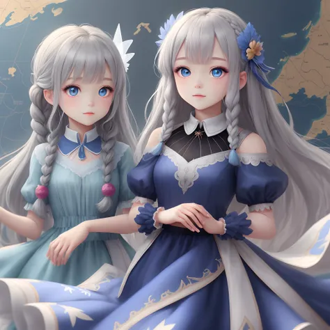 Girls by girl，，Long flowing hair，Beautiful hair accessories，Blue-grey hair accessories，Blue gauze dress，Fairy air fluttering，Delicate eyes and beautiful face，loli face，8K，Delicate eyes and beautiful face，Air bangs，God map，Twist braids，solid color backdrop