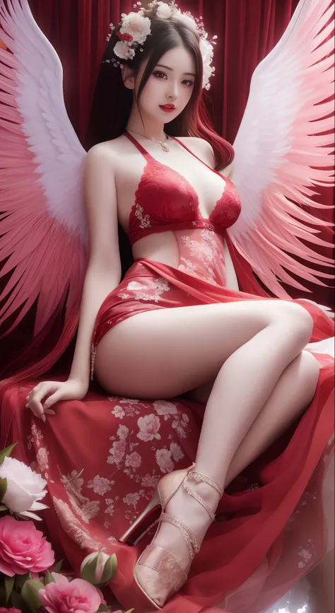 (Best quality,A high resolution),Sexy woman,Sexy lace clothing,Open V-neckline,Bright red peony flowers bloom,Subtly reveal the texture and complexity of the petals,A pair of glowing angel wings, Fire red high heels, cinema shot, A playful twist, centered ...