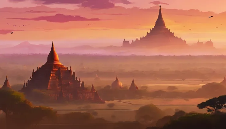 Bagan pagodas of Burma at sunset, best composition, masterpiece art work, long view,