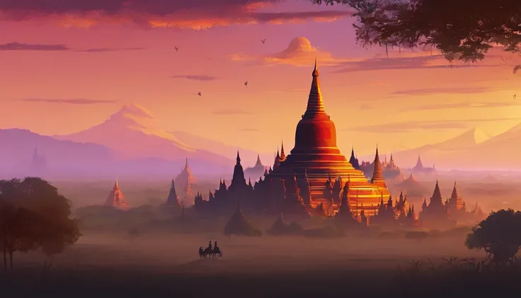 Bagan pagodas of Burma at sunset, best composition, masterpiece art work, long view,