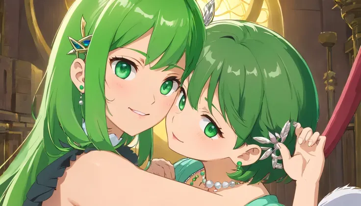 emerald tiara, Green Pearl Necklace, Boyish very short green hair, lipsticks, Japan woman smiling, very short short hair, fist, big breasts beautiful, Green eyes, Long green gloves made of satin material, Green eyes, Emerald Earrings, lesbian ,the kiss