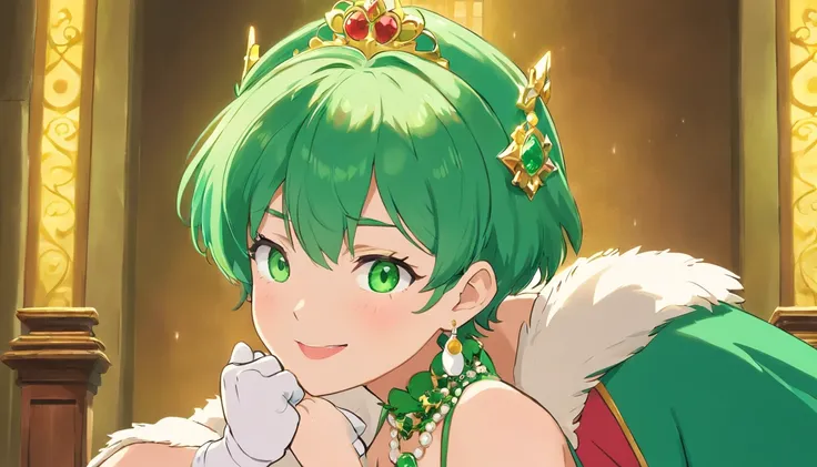 emerald tiara, Green Pearl Necklace, Boyish very short green hair, lipsticks, Japan woman smiling, very short short hair, fist, big breasts beautiful, Green eyes, Long green gloves made of satin material, Green eyes, Emerald Earrings, lesbian ,the kiss