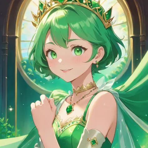 emerald tiara, Green Pearl Necklace, Boyish very short green hair, lipsticks, Japan woman smiling, very short short hair, fist, big breasts beautiful, Green eyes, Long green gloves made of satin material, Green eyes, Emerald Earrings, lesbian ,the kiss