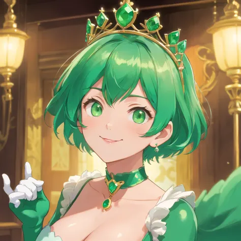 emerald tiara, Green Pearl Necklace, Boyish very short green hair, lipsticks, Japan woman smiling, very short short hair, fist, big breasts beautiful, Green eyes, Long green gloves made of satin material, Green eyes, Emerald Earrings, lesbian ,the kiss