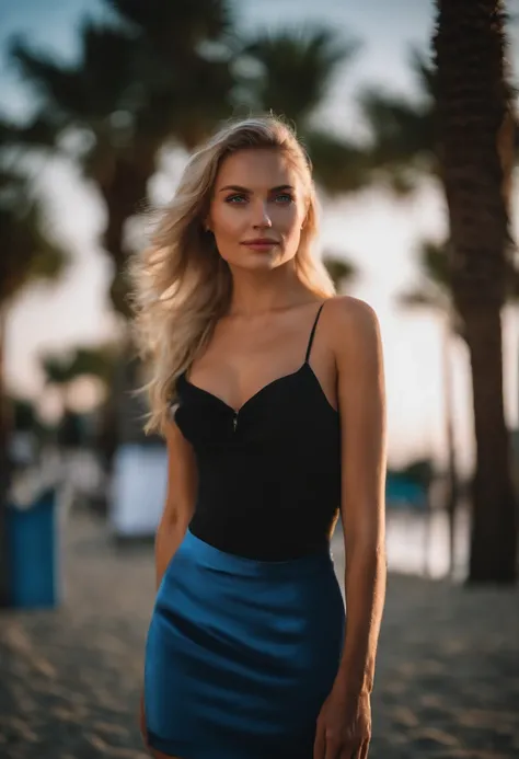 Portrait photo of a 24-year-old blonde in RAW UHD format (Blue-eyed woman) walking on the beach, Palm trees, (Upskirt), (ascot), Details (textures! , cabelo! , shine, Color!! , imperfections: 1.1), Bright eyes with high detail (looking at the camera), DSLR...