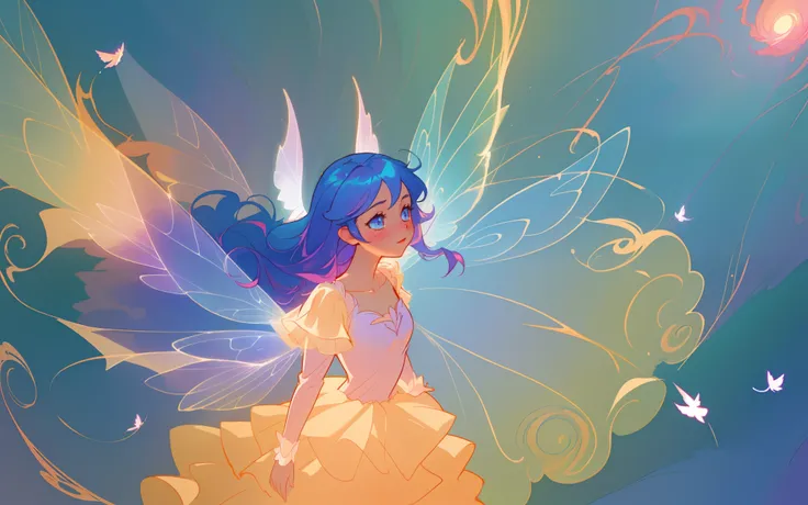 beautiful anime girl in flowing long sleeve ruffle layered ballgown, ((tiered layered ballgown)), ((fairy wings)), inspired by Glen Keane, inspired by Lois van Baarle, (disney art style), by Lois van Baarle, glowing aura around her, by Glen Keane, jen bart...