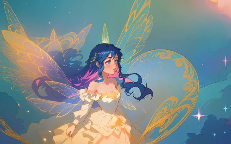 beautiful anime girl in flowing long sleeve ruffle layered ballgown, ((tiered layered ballgown)), ((intricate ballgown details)), ((fairy wings)), inspired by Glen Keane, inspired by Lois van Baarle, (disney art style), by Lois van Baarle, glowing aura aro...