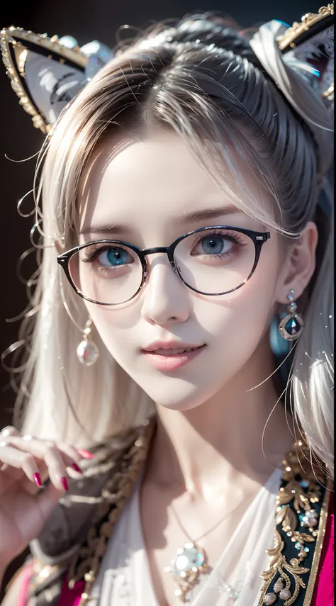 Head of Silver Hair, Tied-up Ponytail, Oversized Glasses, Eyes with Reflection, Colored Contact Lenses, Pink Pupils, Fox Ears, Alluring Smile, High-Quality Details, Romanticism, Shallow Depth of Field, Glowing, Ray Tracing, Viewfinder, Zoom Layers, Close-U...