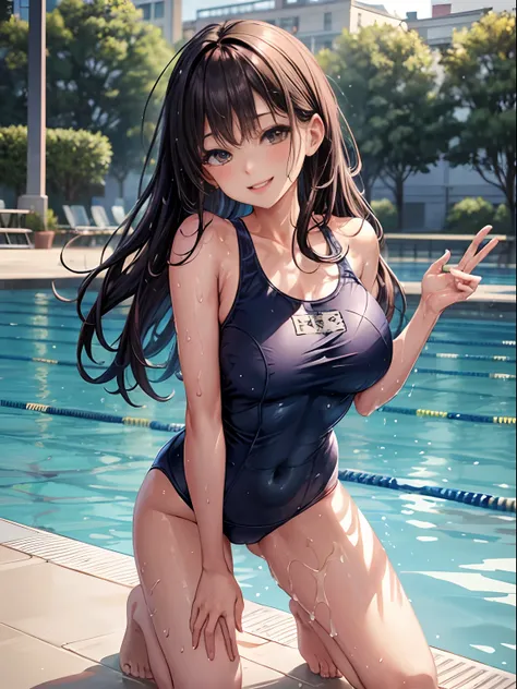 top-quality、Full limbs、complete fingers、one beautiful women、Slender woman、Beautiful Large Breasts、straight haired、Black hair、((Navy blue school swimsuit))、A big smile、sexypose、school swimming pool、school buildings、Wet texture、Splashing and playing、Kneeling