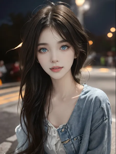 ((4K works))、​masterpiece、(top-quality)、1 beutiful girl、Slim body、tall、((Attractive clothes in black and white))、(Detailed beautiful eyes)、Take selfies on the road at night、((Face similar to Carly Rae Jepsen))、((long hair of boyish red-black color,,,))、((S...