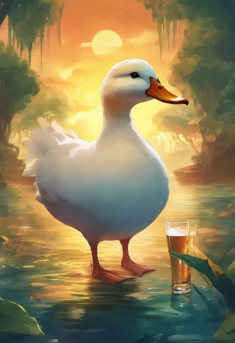 An Anime White Duck Mafia boss with sun glasses Holding a beer,   Perfect body, perfect facem Cinematic, Terror, horror, Green bioluminicense, HD, Dark fantaksy