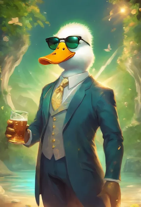 An Anime White Duck Mafia boss with sun glasses Holding a beer,   Perfect body, perfect facem Cinematic, Terror, horror, Green bioluminicense, HD, Dark fantaksy