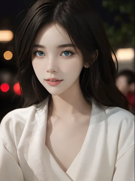 ((4K works))、​masterpiece、(top-quality)、1 beutiful girl、Slim body、tall、((Attractive clothes in black and white))、(Detailed beautiful eyes)、Take selfies on the road at night、((Face similar to Carly Rae Jepsen))、((long hair of boyish red-black color,,,,))、((...