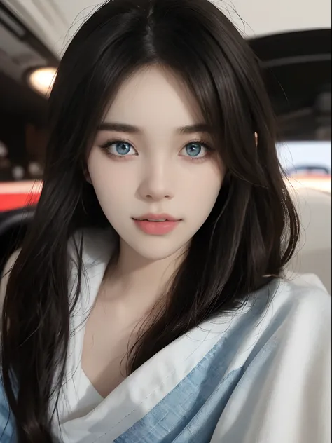 ((4K works))、​masterpiece、(top-quality)、1 beutiful girl、Slim body、tall、((Attractive clothes in black and white))、(Detailed beautiful eyes)、Take selfies on the road at night、((Face similar to Carly Rae Jepsen))、((long hair of boyish red-black color,,,,))、((...