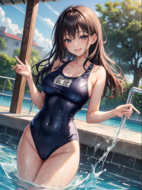 top-quality、Full limbs、complete fingers、one beautiful women、Slender woman、Beautiful Large Breasts、straight haired、Black hair、((Navy blue school swimsuit))、A big smile、sexypose、school swimming pool、school buildings、Wet texture、Splashing and playing