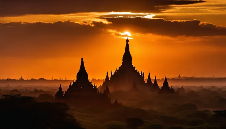 Bagan pagodas of Burma at sunset, best composition, masterpiece art work, long view, silhouette of pagodas , at sunrise,