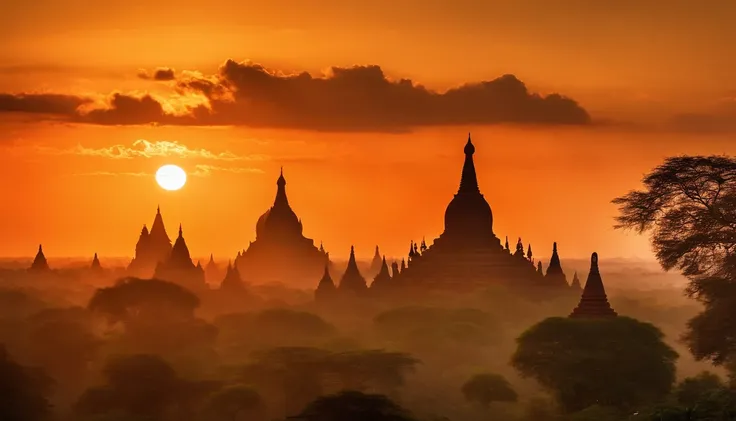 Bagan pagodas of Burma at sunset, best composition, masterpiece art work, long view, silhouette of pagodas , at sunrise,