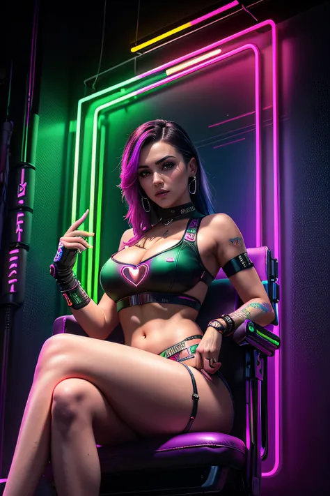 there is a woman sitting on a chair with a rainbow light, 3 d neon art of a womans body, neon-noir background, cyberpunk femme fatale, seductive cyberpunk dark fantasy, cyberpunk strip clubs, cyberpunk 20 y. o model girl, oppai cyberpunk, banner, high defi...