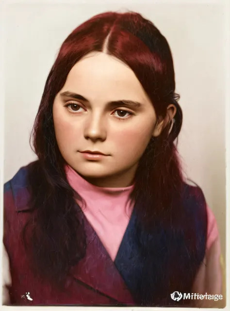 photograph of a young woman with black hair and a white shirt, a colorized photo, old color photo, coloured photo, colorized photo, color studio portrait, colorized, colored photo, old color photograph, colourized, vintage color photo, colour portrait phot...