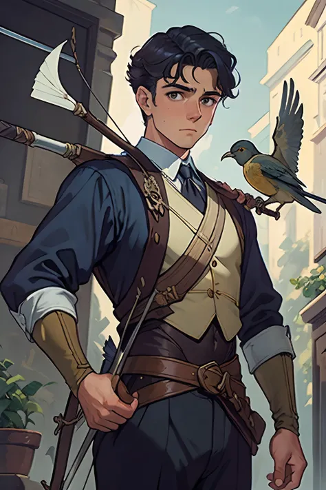 foto de um menino legal ,rosto de Johan Liebert ,cabelos loiros, a painting of a man with a bow and arrow in his hand and a bird on his shoulder by J.C. Leyendecker, Close-up, milky ways,