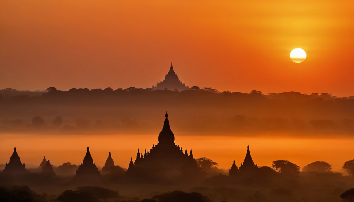 Bagan pagodas of Burma at sunrise, morning ddew, best composition, masterpiece art work, long view, silhouette of pagodas , at sunrise,