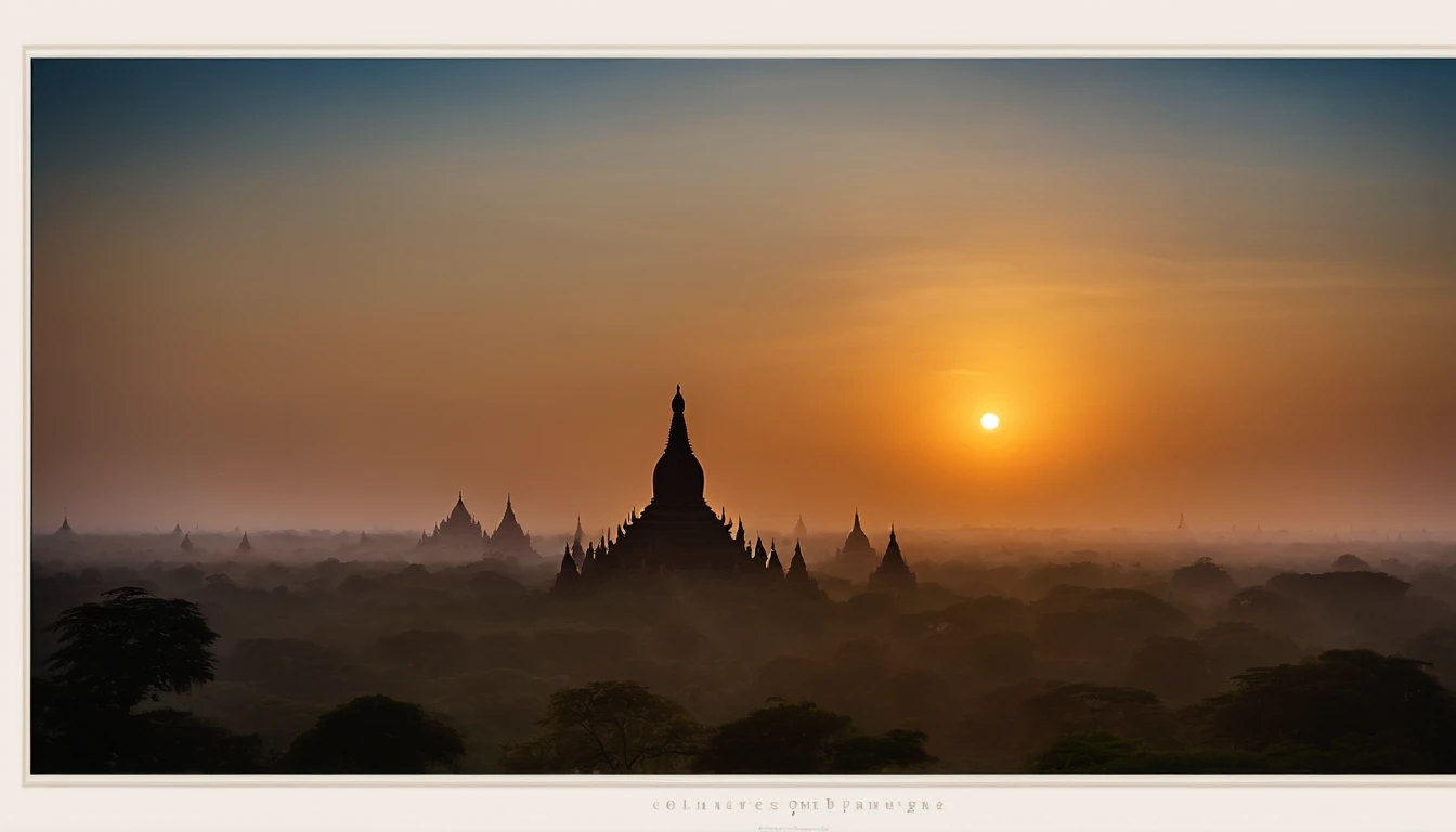 Bagan pagodas of Burma at sunrise, morning ddew, best composition, masterpiece art work, long view, silhouette of pagodas , at sunrise,