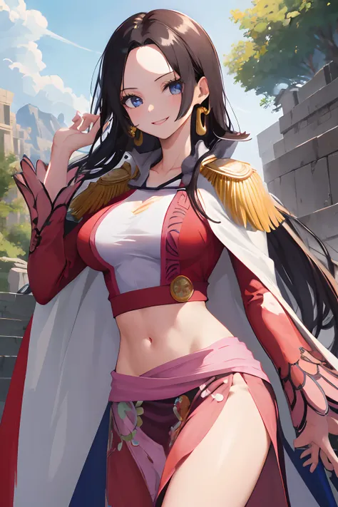 masterpiece, best quality, highres, hancock1, 1girl, boa hancock, large breasts, long hair, epaulettes, cape, crop top, side slit, cowboy shot, stading, outdoors, smile,