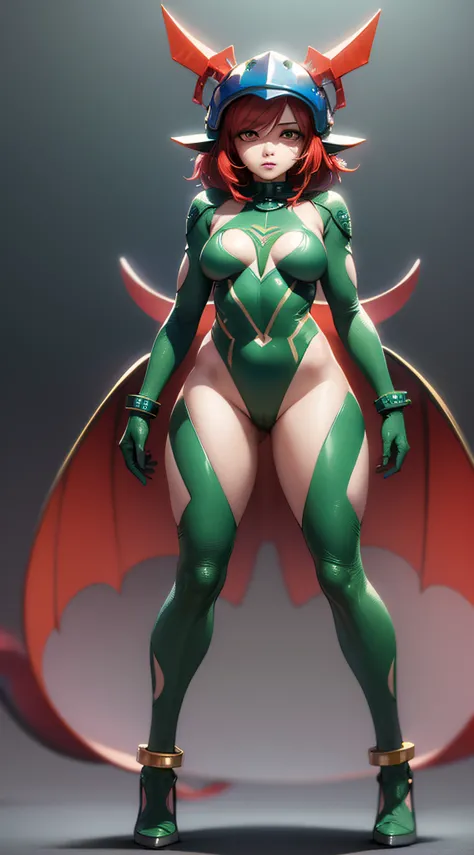 Ranamon,monster girl,helmet,(hairless),green skin,red eyes,gloves,blue leotard,fins,dutch angle,clothing cutout,side cutout,anklet,digimon, proportional eyes, (realistic:1.5), extremely detailed, hyper detailed, soft lighting, detailed background, extreme ...