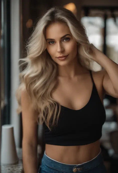 blonde woman with matching tank top and skirt posing at coffe , fille sexy aux yeux bleus, Portrait Sophie Mudd, blur background, best quality, 1girl, Portrait de Corinna Kopf, cheveux blonds et grands yeux, selfie of a young woman, ohne Maquillage, maquil...