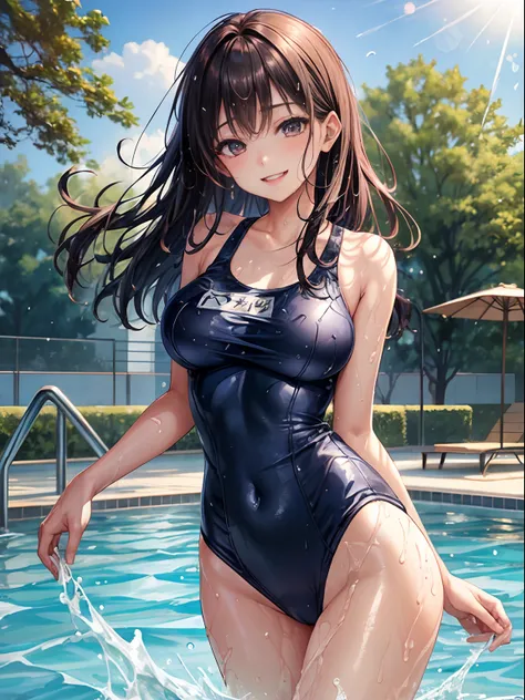 top-quality、Full limbs、complete fingers、one beautiful women、Slender woman、Beautiful Large Breasts、straight haired、Black hair、((Navy blue school swimsuit))、A big smile、sexypose、school swimming pool、school buildings、Frolicking、Dancing、Wet texture、splash wate...