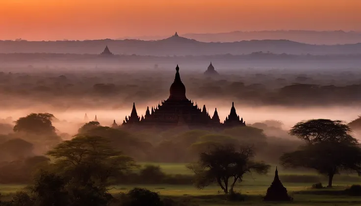 Bagan pagoda ((Damanyangyi))of Burma at sunrise, morning dew, best composition, masterpiece art work, long view, silhouette of pagodas , at sunrise,