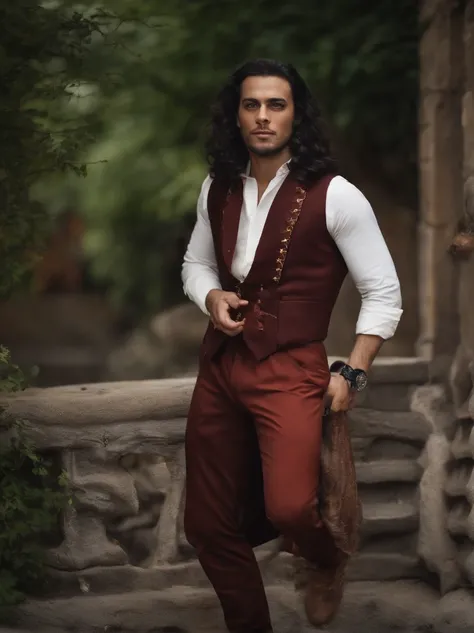 Tiefling Asmodea , black long hair with a white strand on the bangs, dapper, The shirt is unbuttoned on the pile, leather vest, Sly grin, throws a coin into the glowing air, Masterpiece, Best Quality