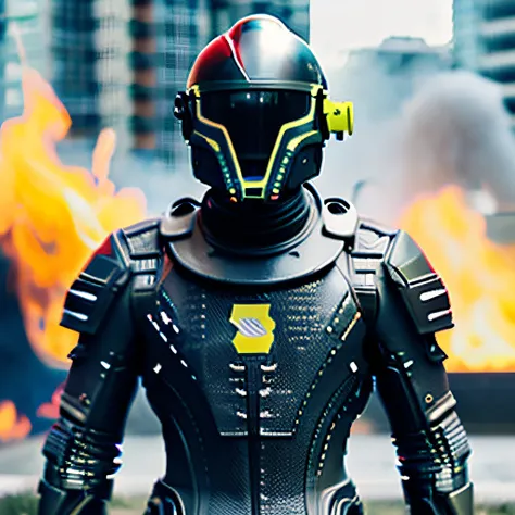 fking_scifi_v2, realistic portrait of an alien , large eyes,  helmet, armor, military, shield, slick skin, slime, large mouth, futuristic building with glass windows, fire and smoke in background, full body view, 80mm, f/1.8, dof, bokeh, depth of field, su...